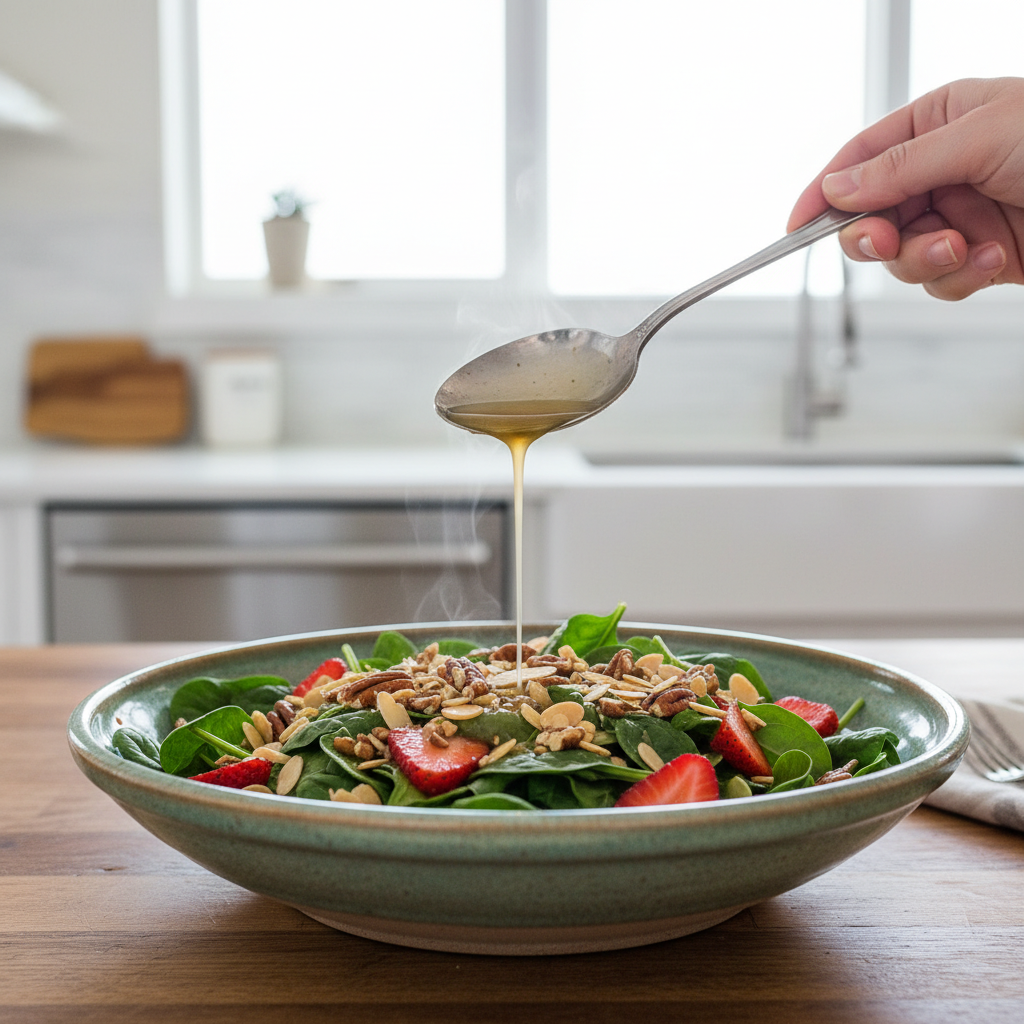 Fresh spinach salad in a large bowl with berries, nuts, and vinaigrette