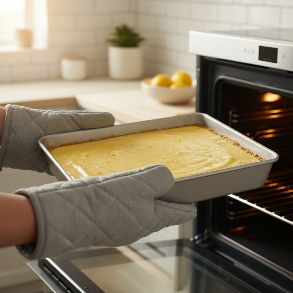 Close-up of lemon bar filling showing slight jiggle in the center