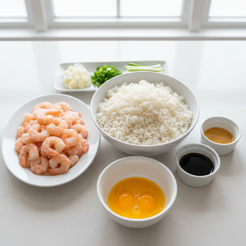 Prepped ingredients for shrimp fried rice: cold rice, raw shrimp, eggs, green onions, and soy sauce