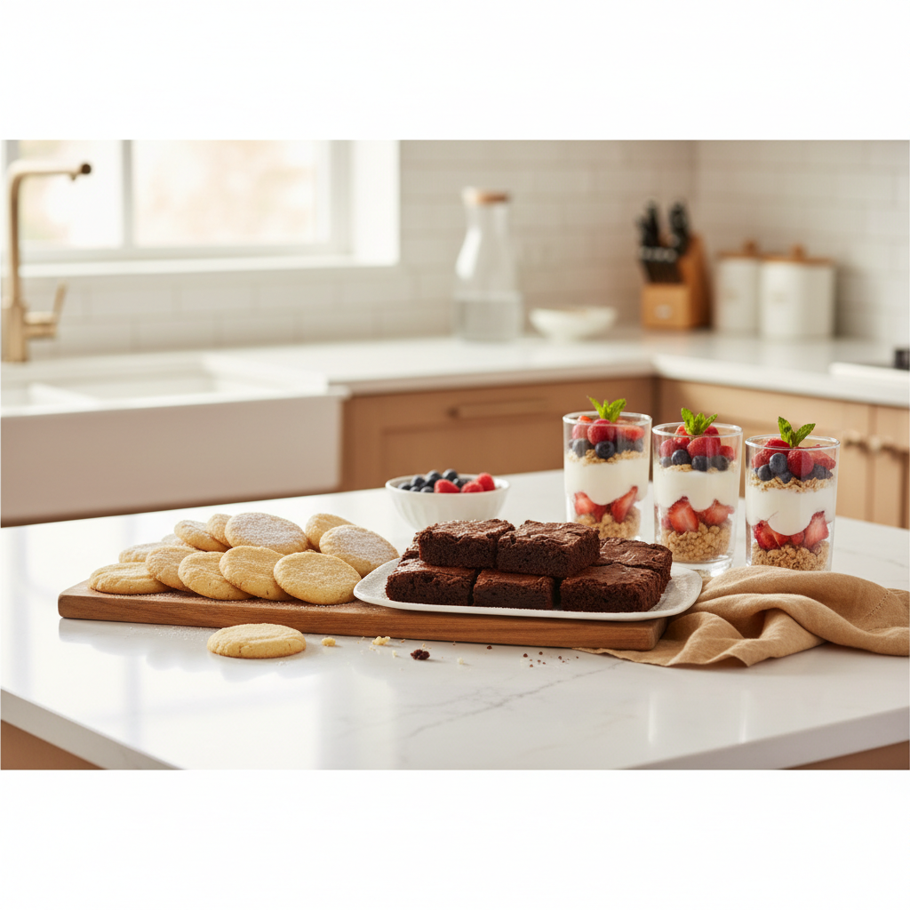Easy homemade dessert spread with cookies, brownies, and fruit parfaits
