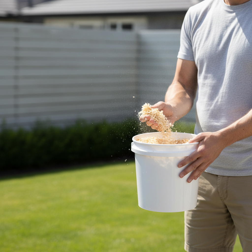 Owner testing aspen bedding for dust in a bucket outdoors