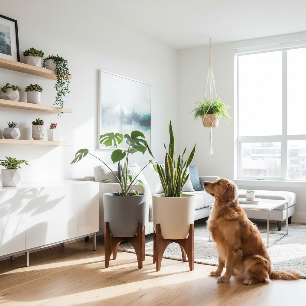 Smart plant placement for pet safety using shelves, hanging planters, and heavy pots