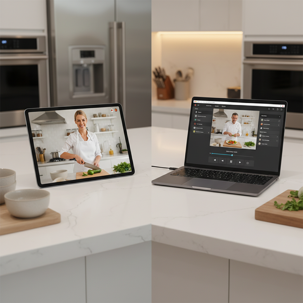 Split-screen comparison of live vs recorded online cooking class on tablet and laptop