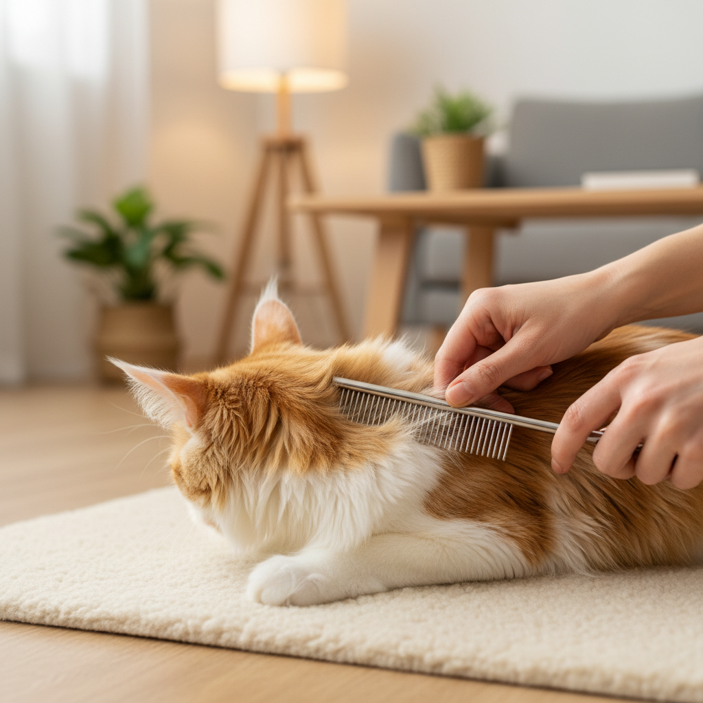 Pet owner using a metal comb to line-comb a long haired cat in small sections