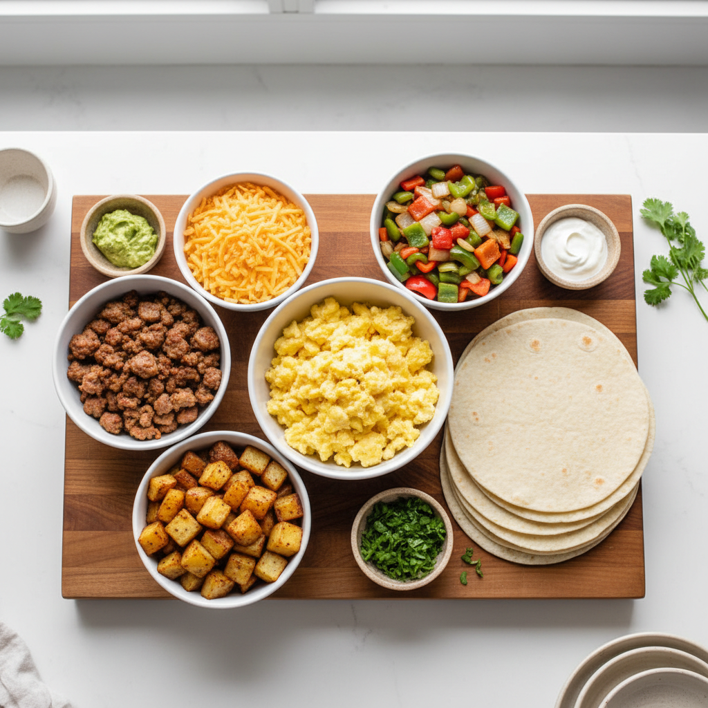 Breakfast burrito fillings lined up for assembly
