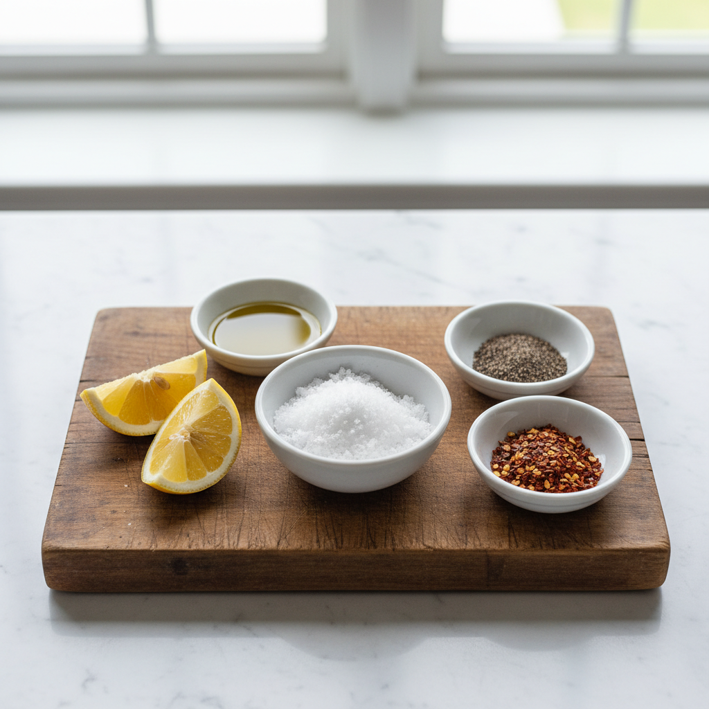 Small bowls of salt, lemon, olive oil, and chili flakes for flavor balance