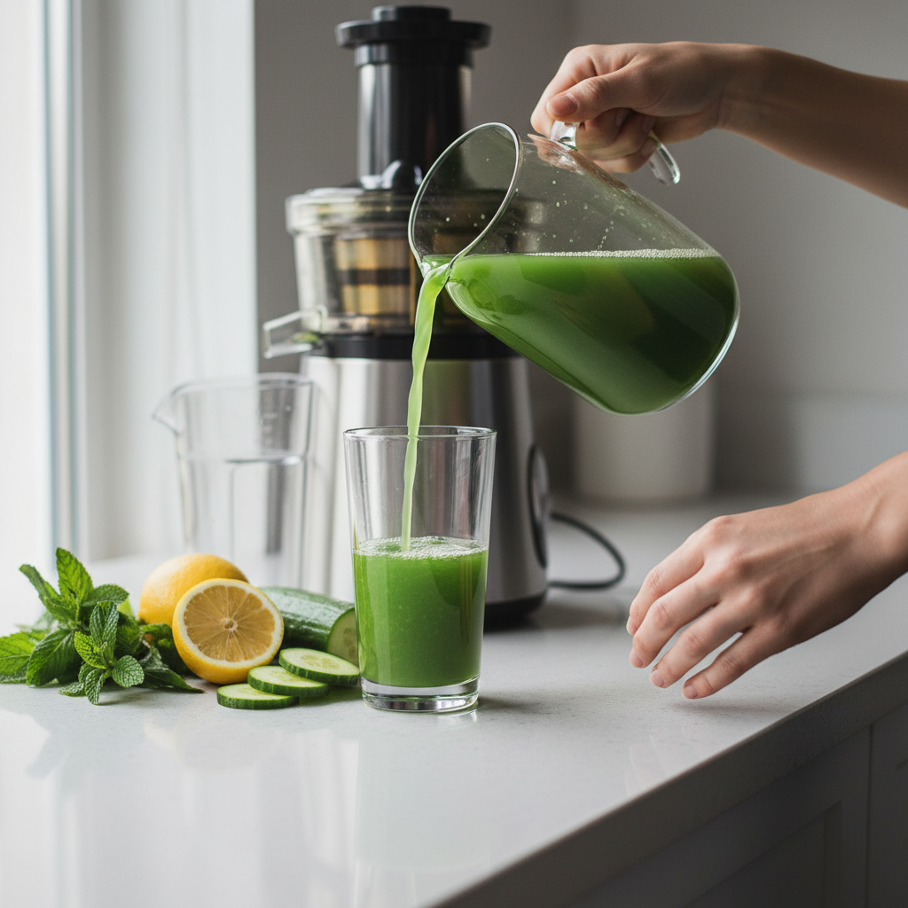 Pouring fresh green juice into a glass with herbs and citrus nearby