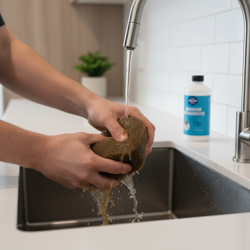 Hands rinsing a clogged intake sponge prefilter for a turtle aquarium filter