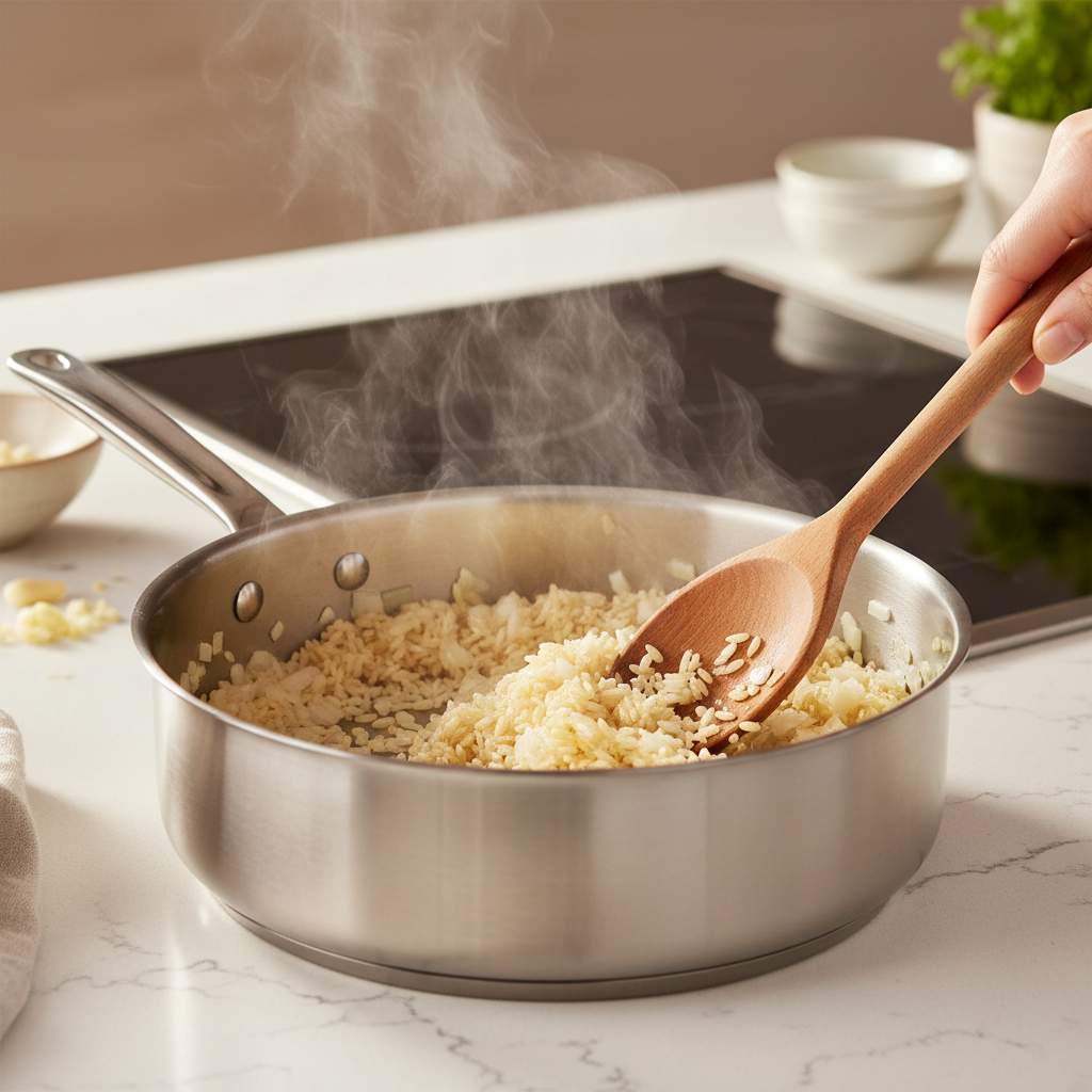 Step-by-step toasting rice with onions and garlic in a saucepan