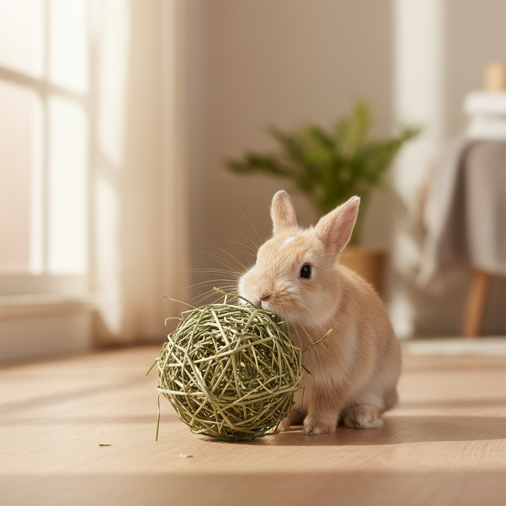 Rabbit chewing a hay-stuffed chew ball toy indoors