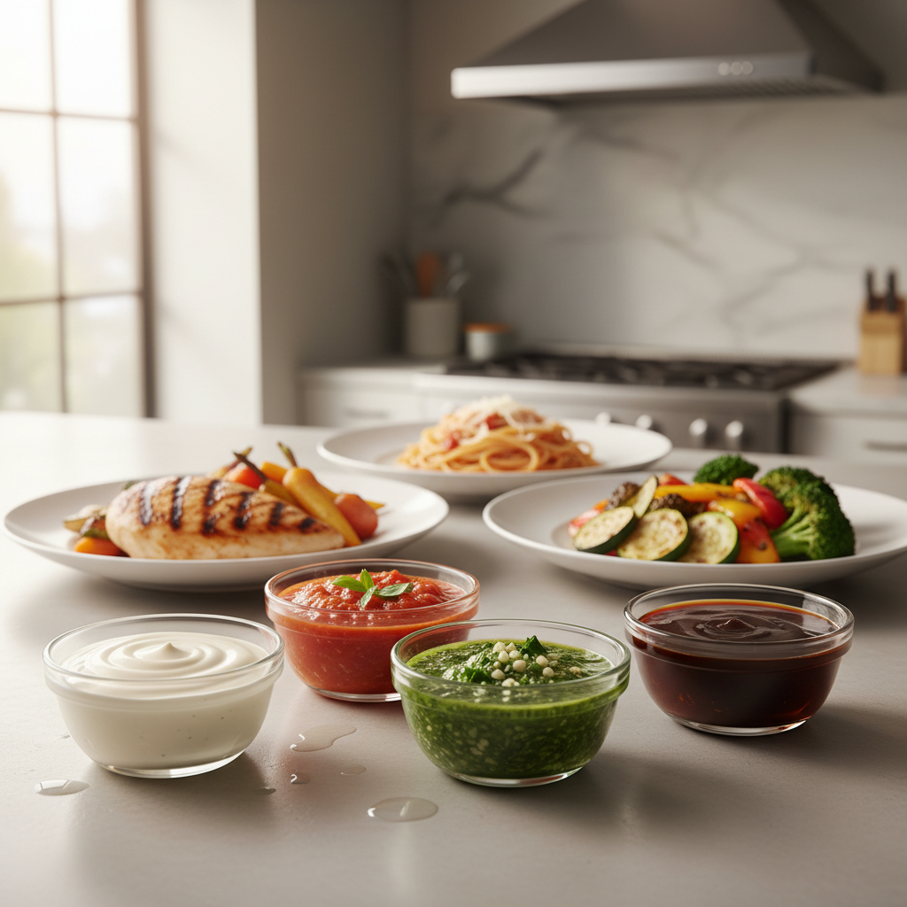 Homemade sauces in small bowls paired with chicken pasta and vegetables