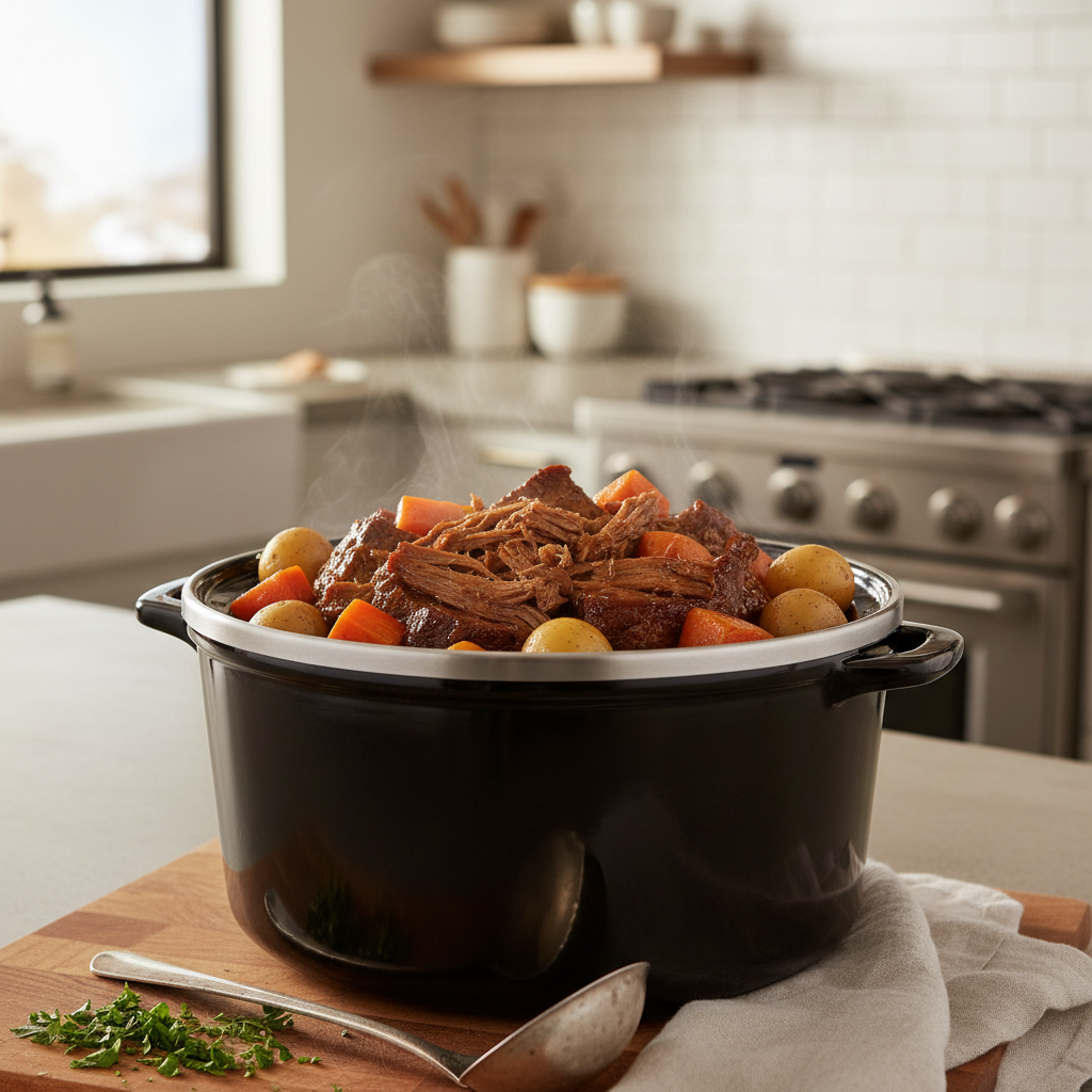 Slow cooker pot roast with carrots and potatoes ready for family dinner