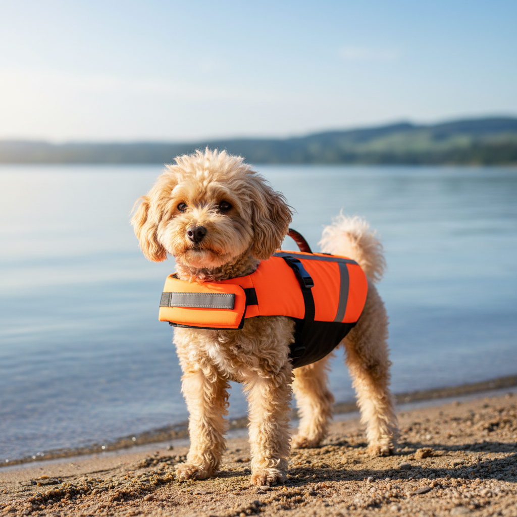 Small breed dog wearing a buoyant life vest near a calm lake