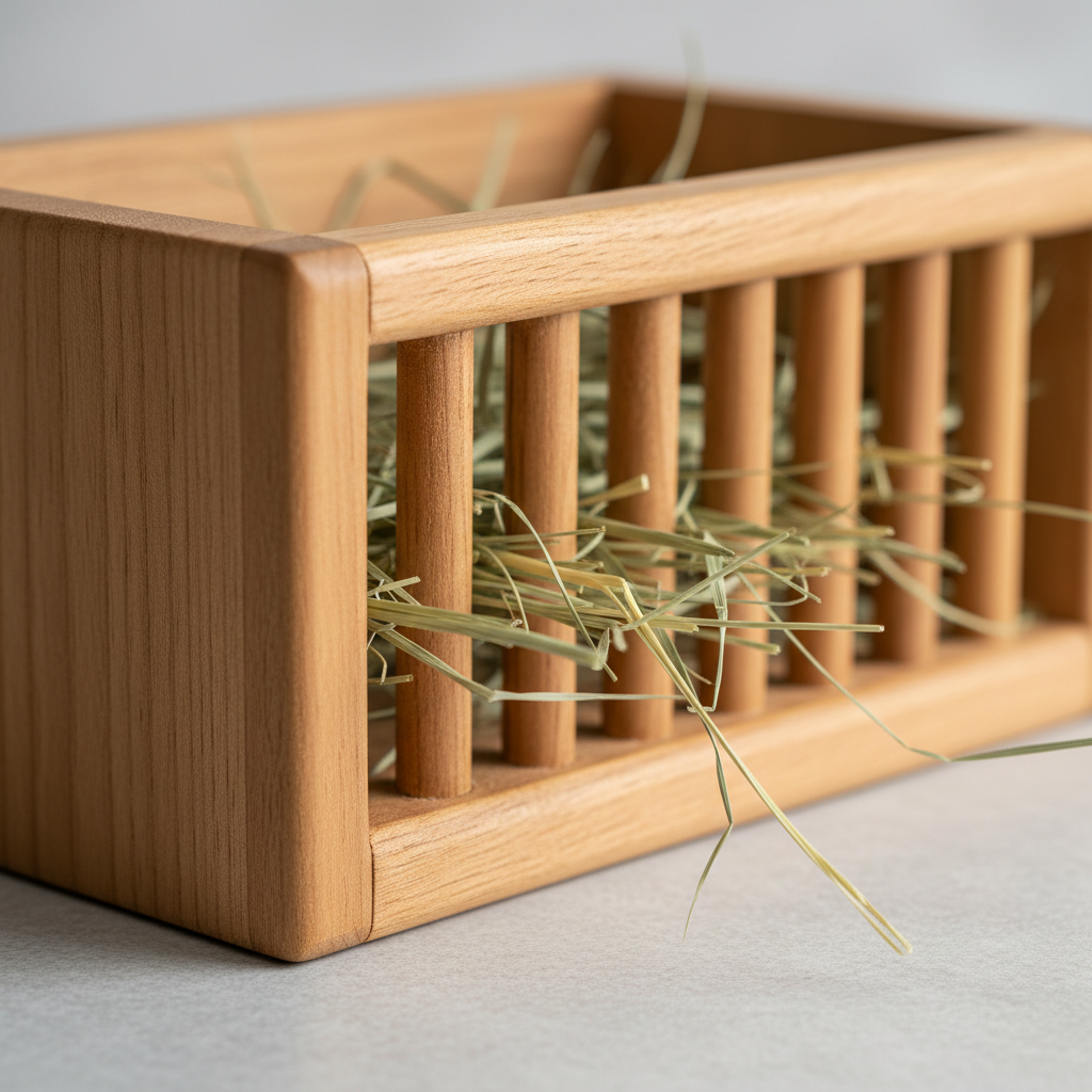 Close-up of wooden hay rack slats showing narrow spacing to reduce hay waste