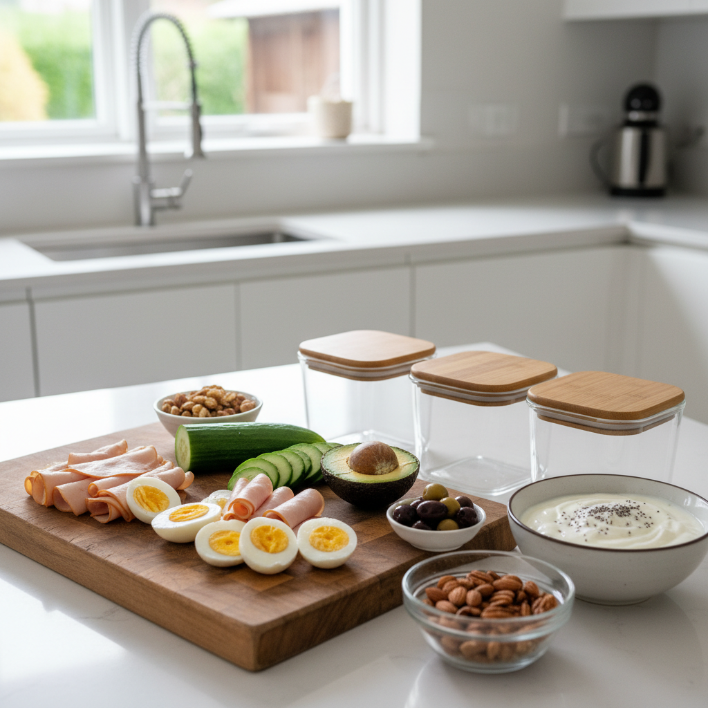 Simple no-bake keto snack prep ingredients on a kitchen counter