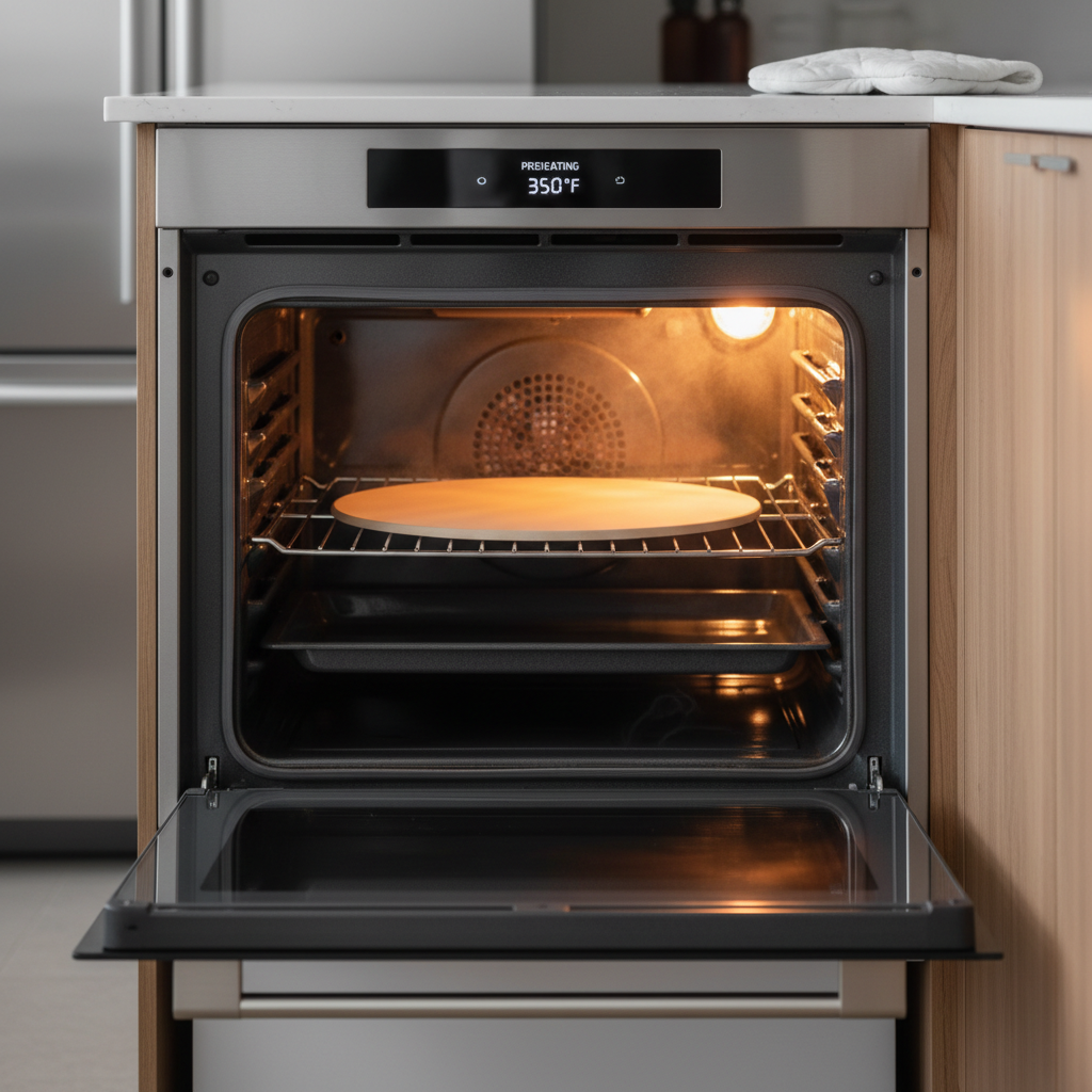 Preheating a home oven with a pizza stone for BBQ chicken pizza