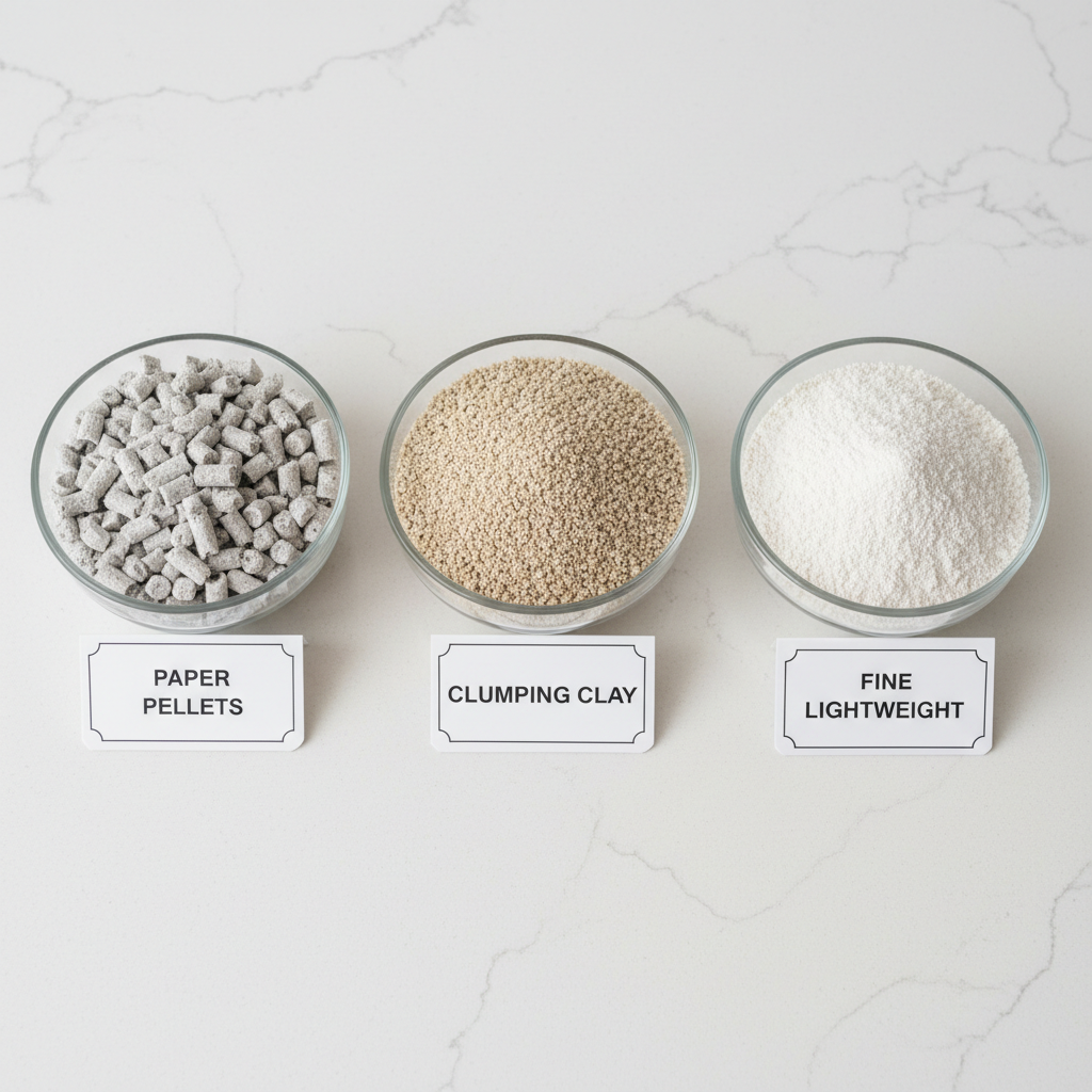 Comparison of low tracking cat litter textures: pellets, medium granules, and fine clay
