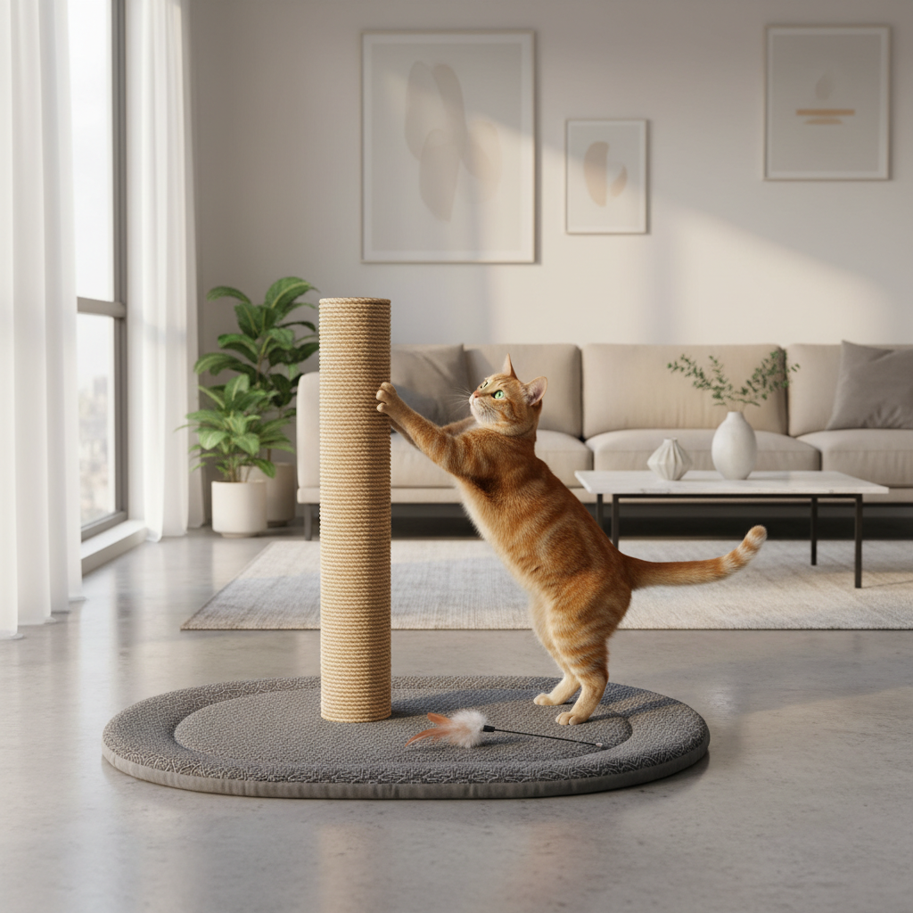Cat bed mat placed next to scratching post for damage prevention