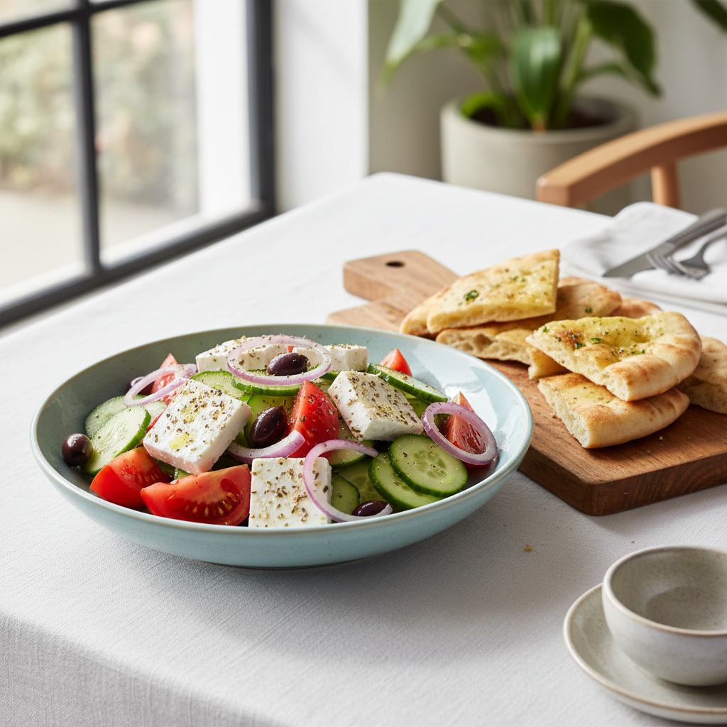 Healthy Greek salad served with pita on a bright lunch table