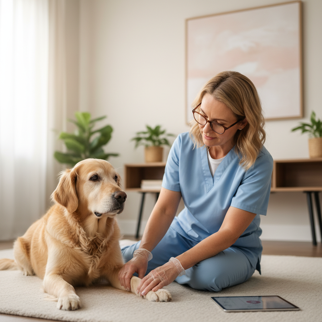 Pet owner gently checking senior dog mobility and paws