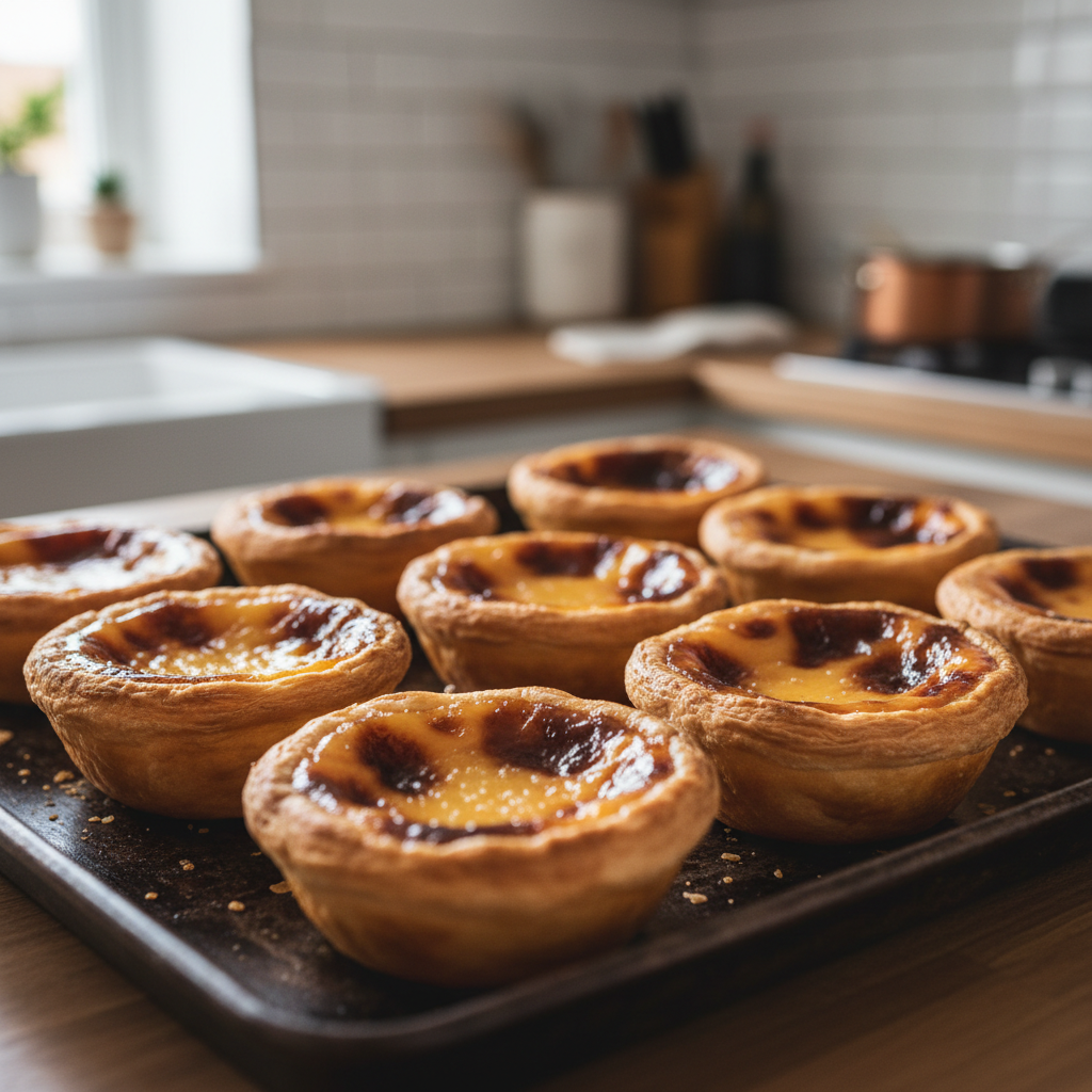 Freshly baked Portuguese custard tarts with blistered tops on a baking tray