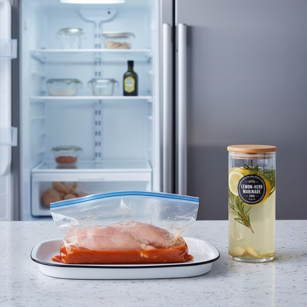 Food-safe marinating setup in refrigerator using sealed bag and labeled container