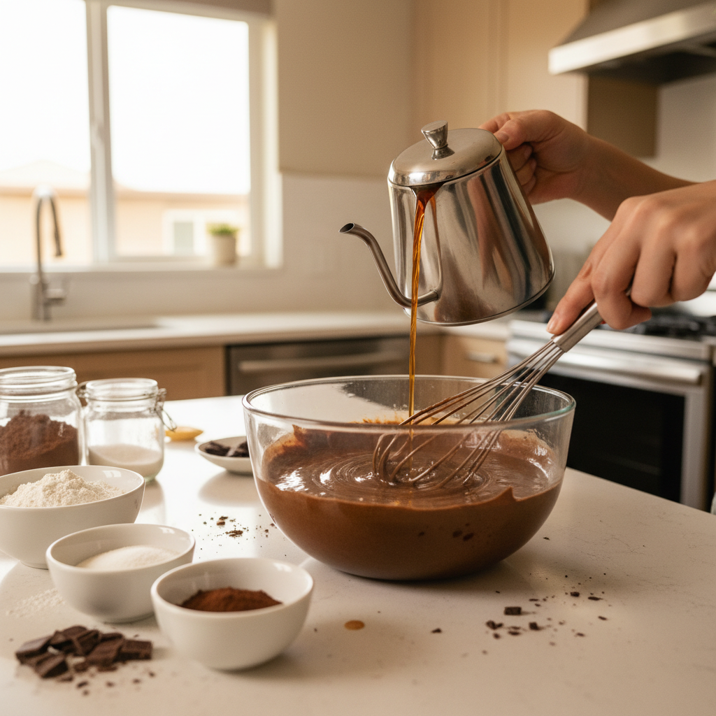 Whisking chocolate cake batter in a mixing bowl with coffee being poured in