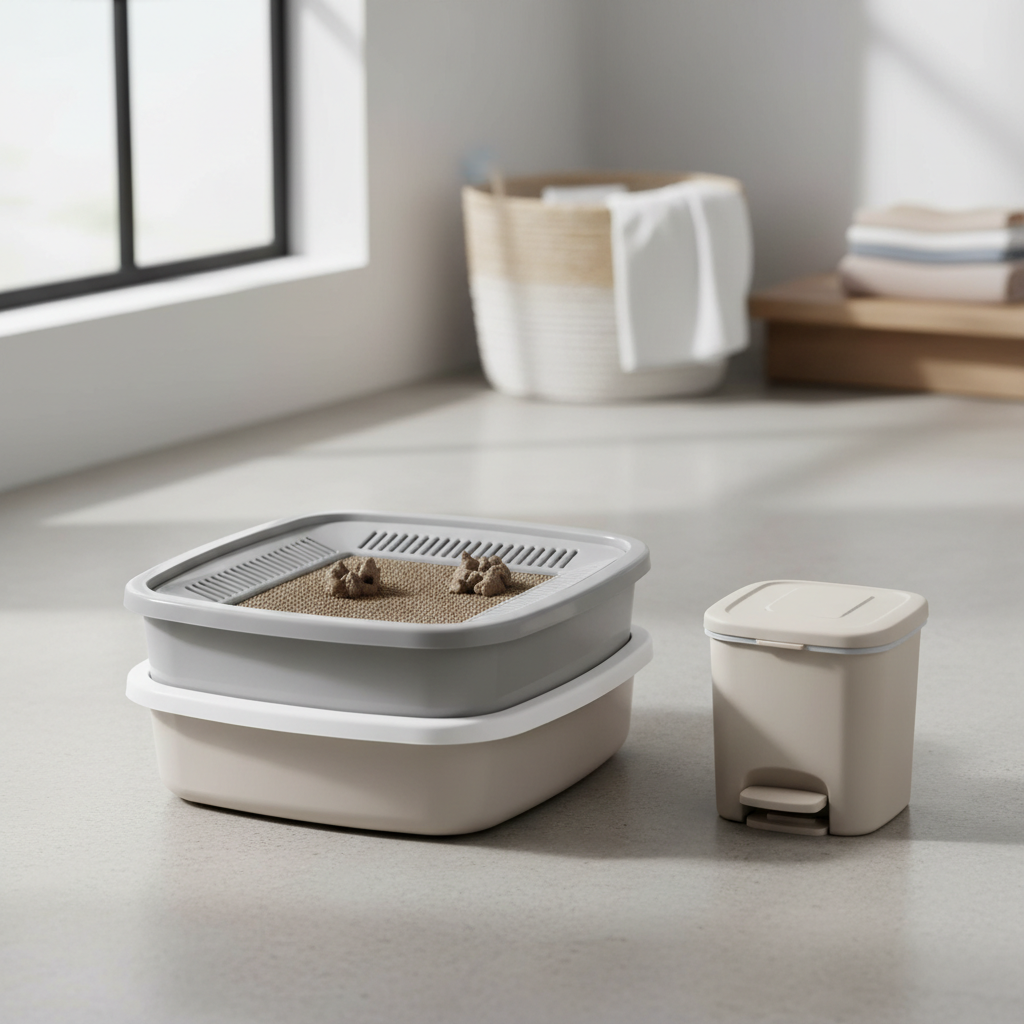 Cat litter sifting pan set on a clean laundry room floor with clumping litter and a trash bin nearby