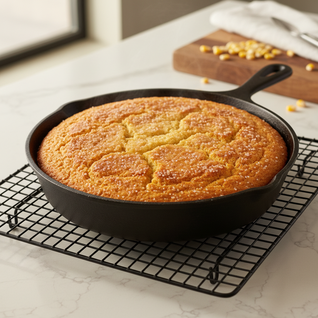 Cast iron skillet sweet cornbread with golden crust cooling on a rack
