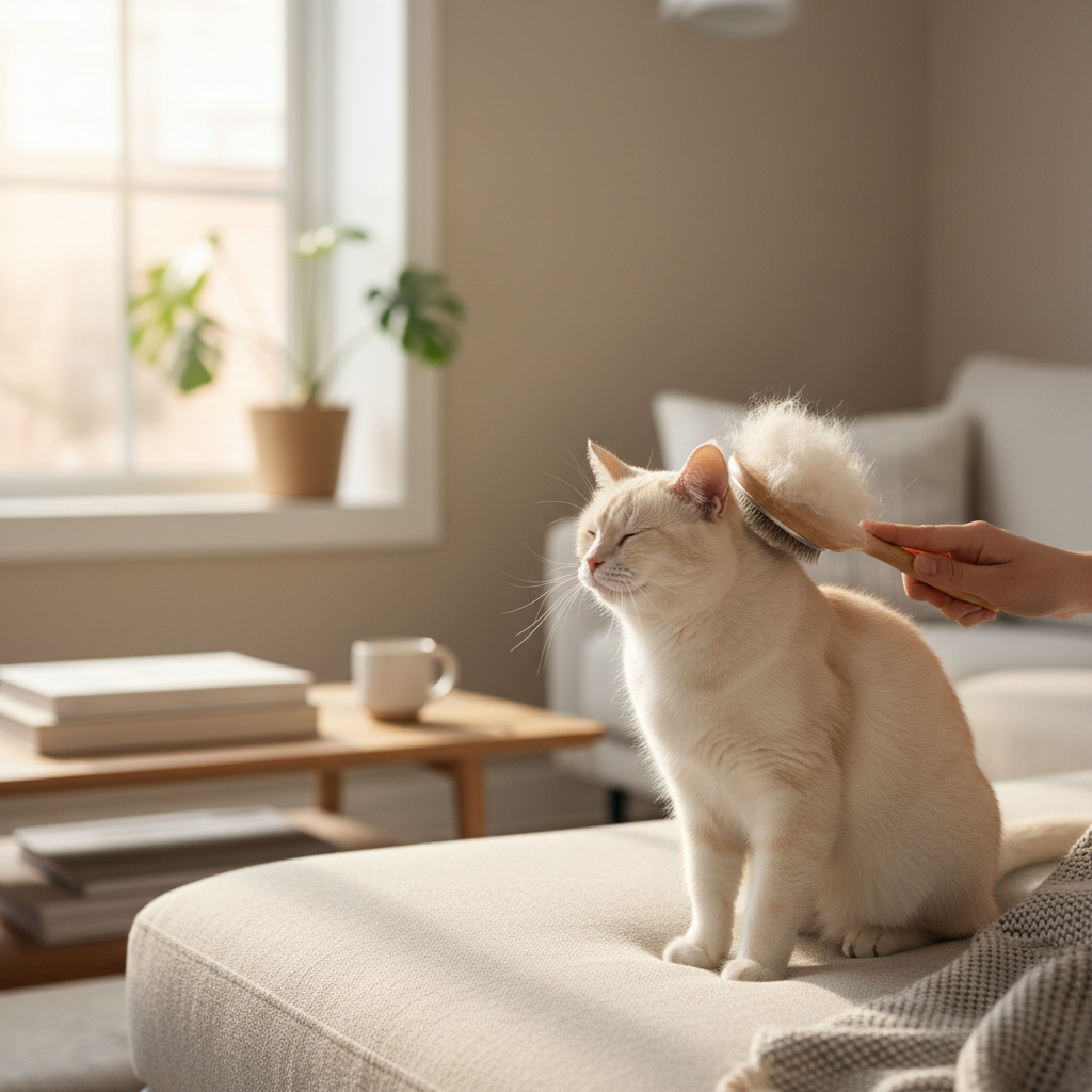 Cat grooming with brush to reduce shedding naturally