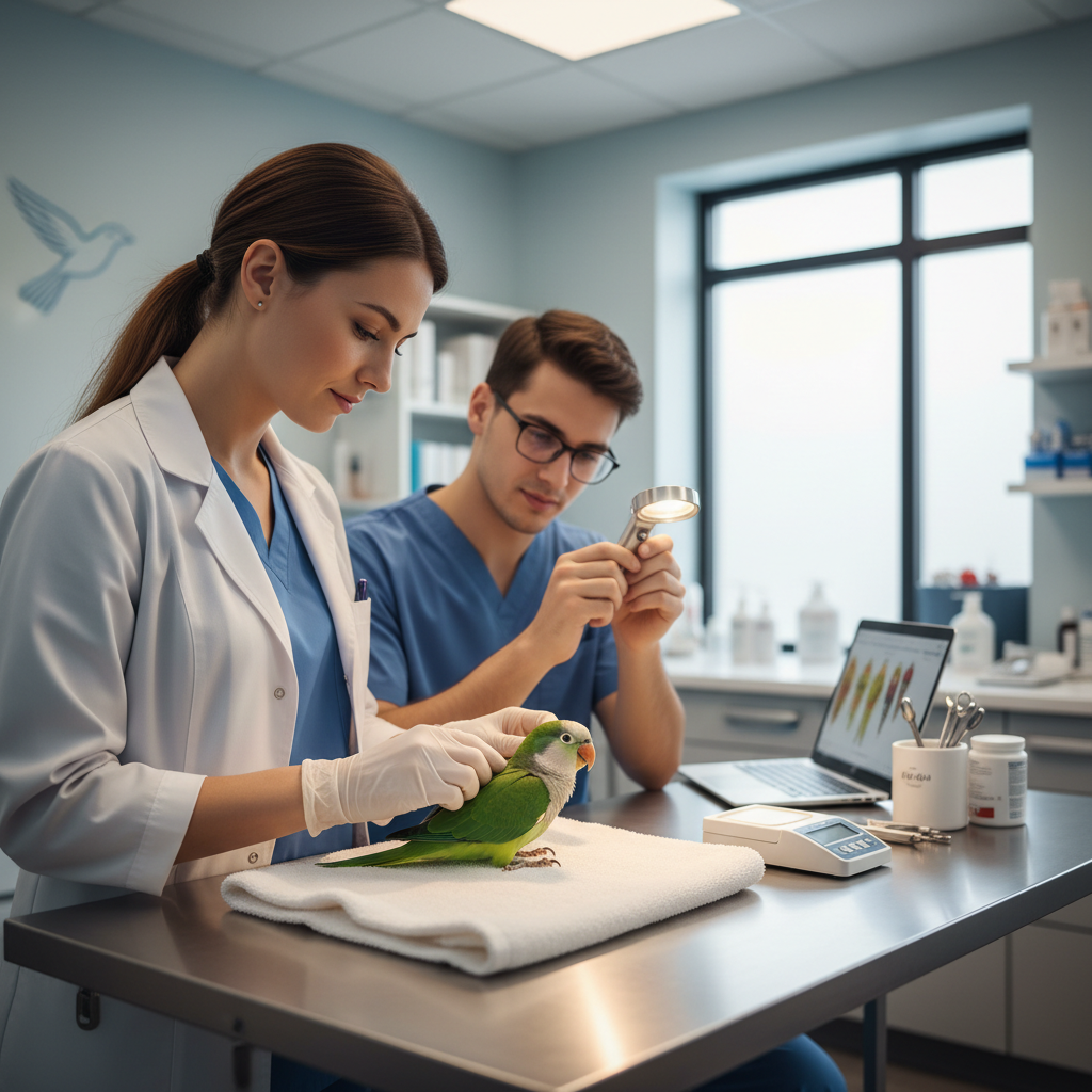 Avian veterinarian examining a small parrot in a clinic setting