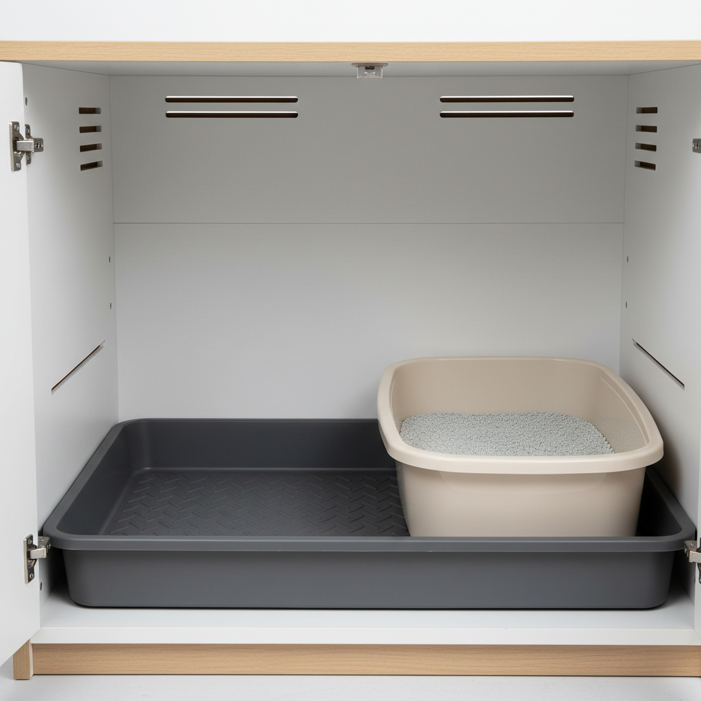 Interior view of a cat litter box furniture cabinet showing removable tray and ventilation gaps