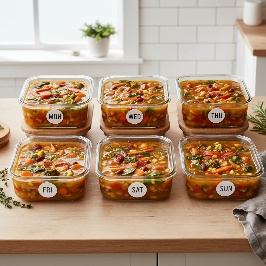 Meal prep containers filled with hearty vegetable soup labeled for the week