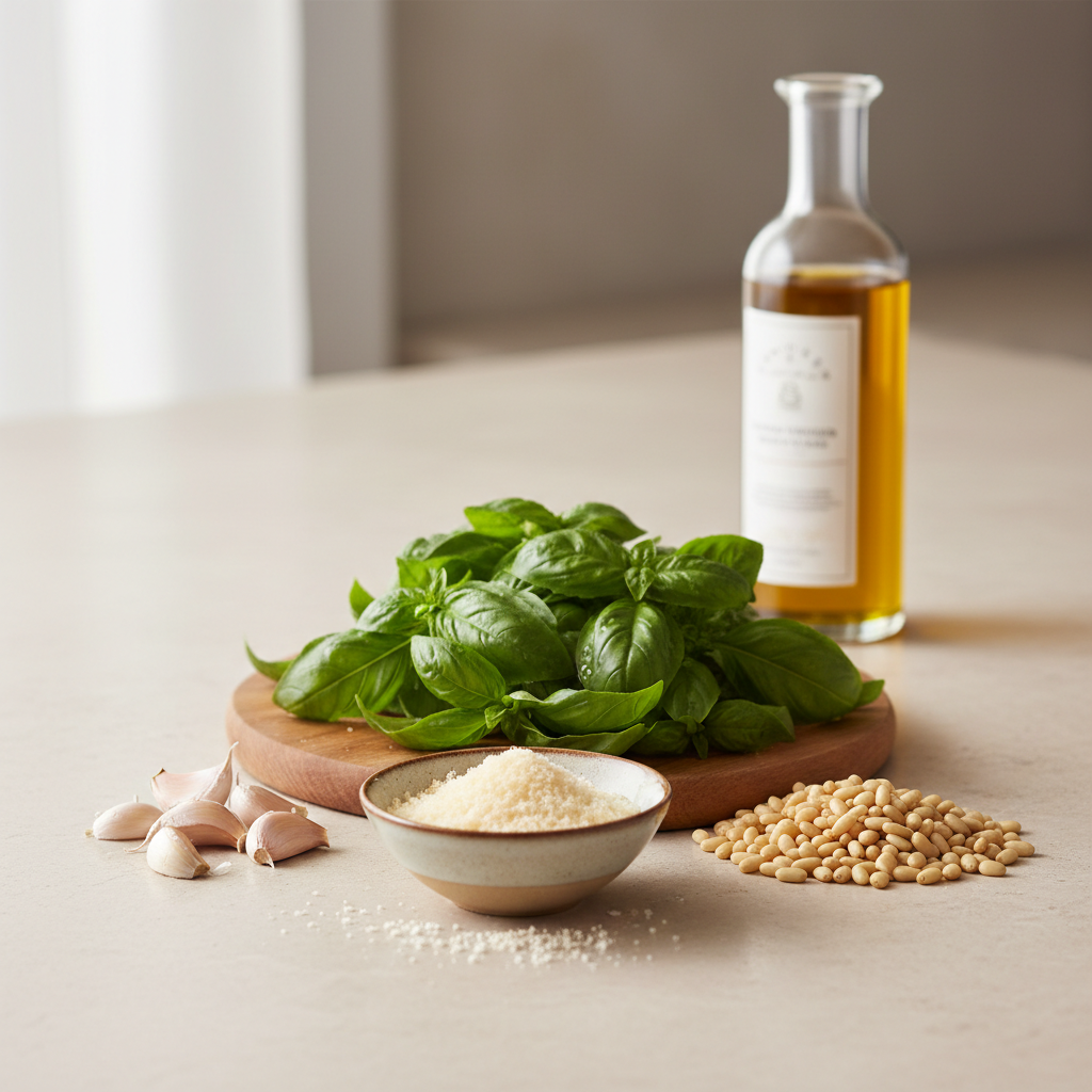 Fresh basil, garlic, Parmesan, pine nuts, and olive oil for homemade pesto