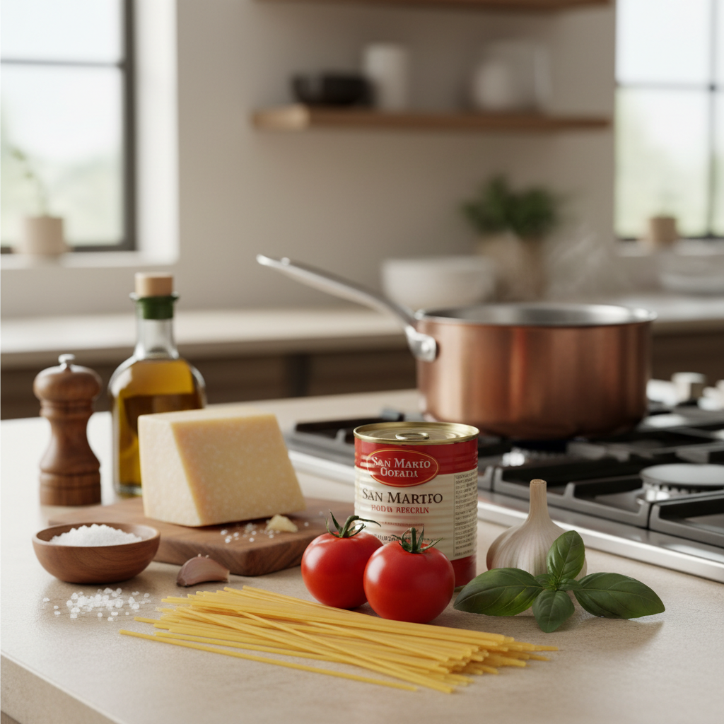 Fresh Italian pasta ingredients on a kitchen counter