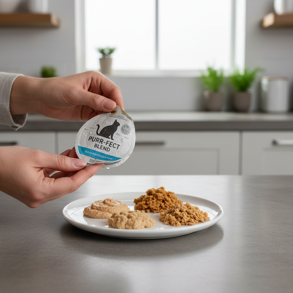 Pet parent checking a cat food label and canned food texture