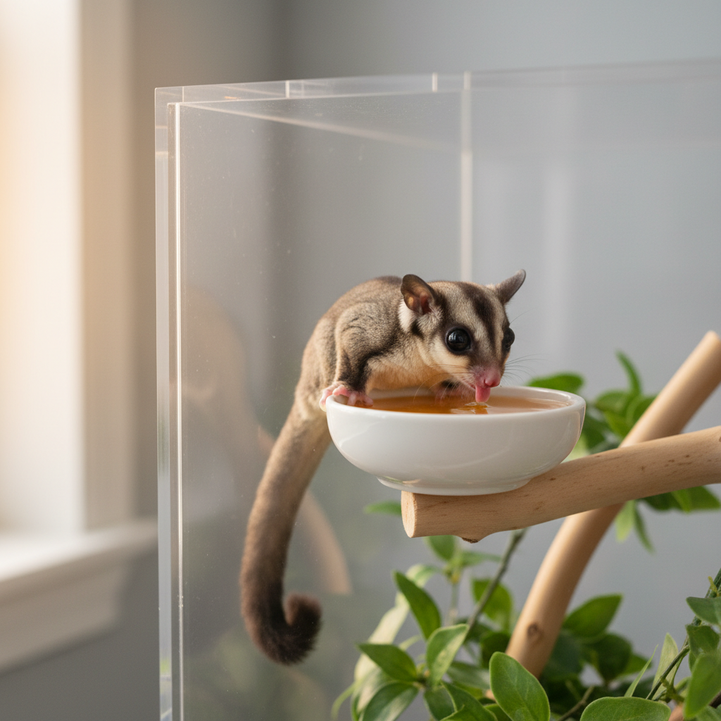 Sugar glider drinking nectar from a feeding dish in a safe cage setup