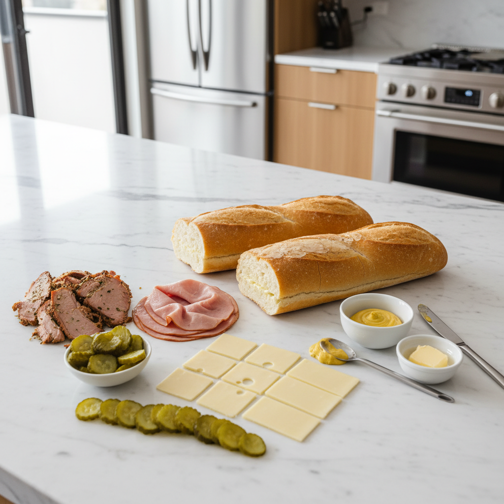 Cuban sandwich ingredients laid out: Cuban bread, roast pork, ham, Swiss cheese, pickles, mustard