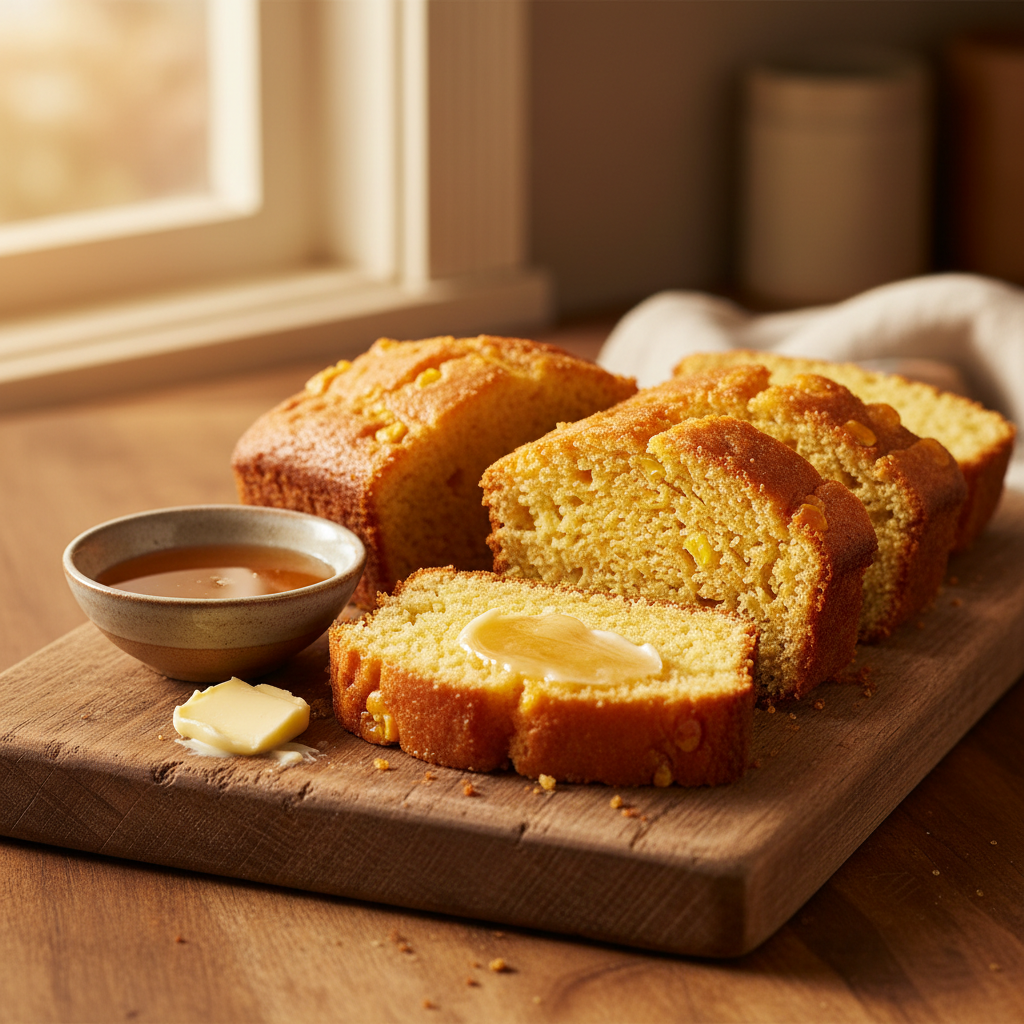 Moist sweet cornbread slices on a wooden board with honey and butter