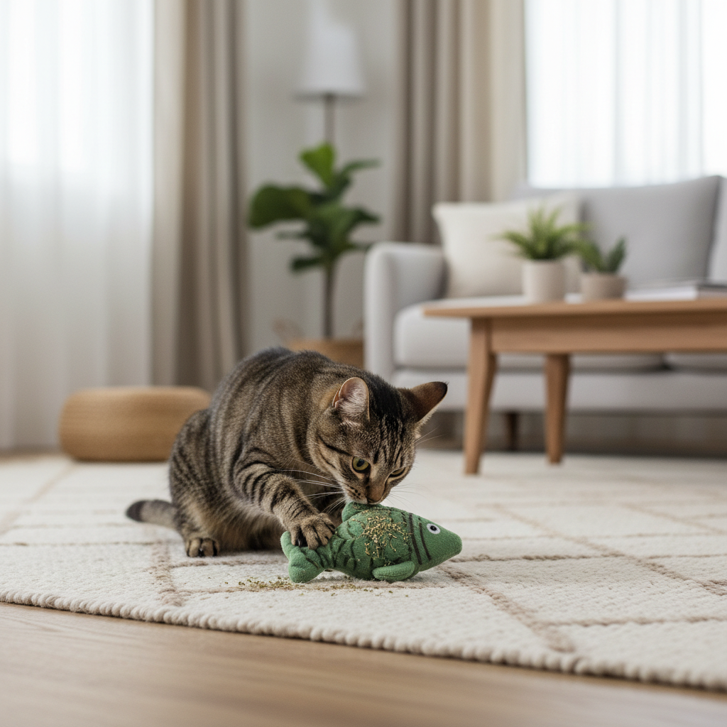 Indoor cat sniffing a catnip toy on a living room rug