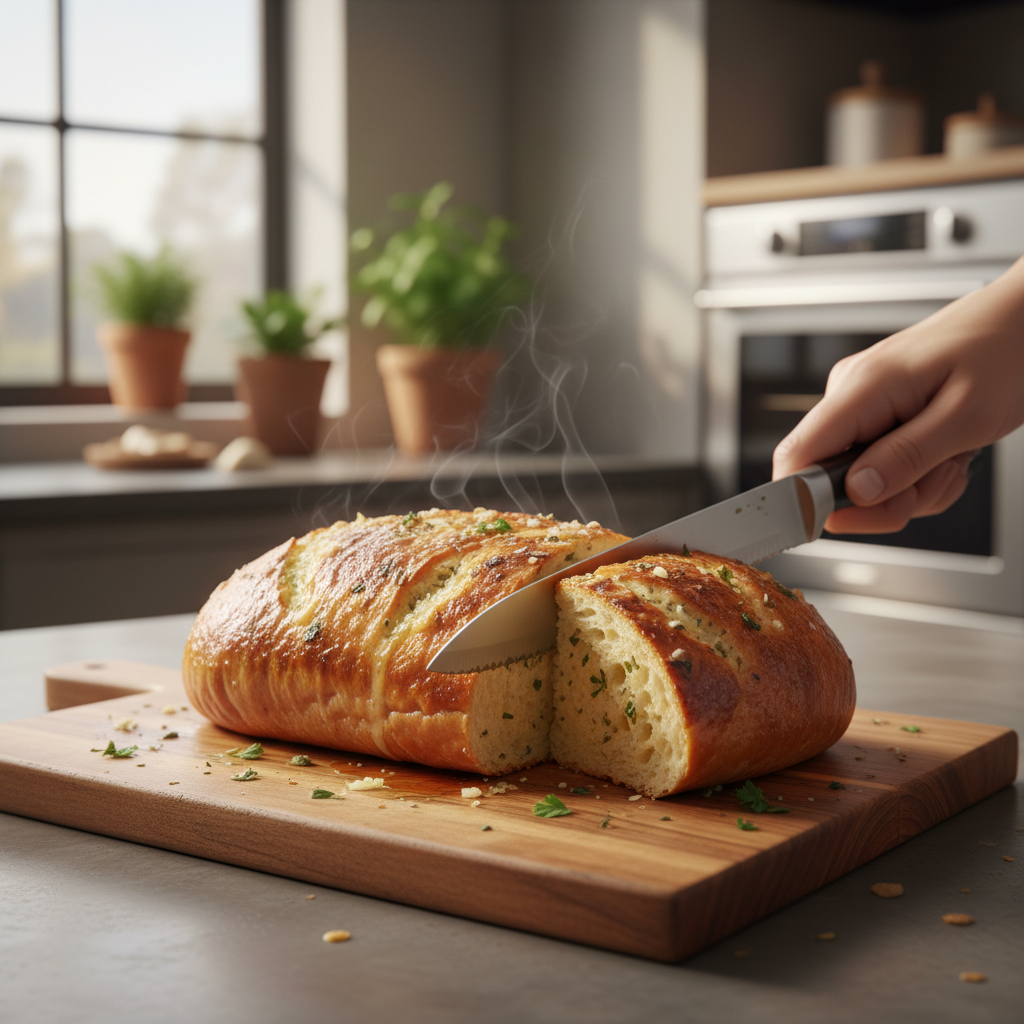 Garlic bread being sliced after baking with golden edges and soft interior