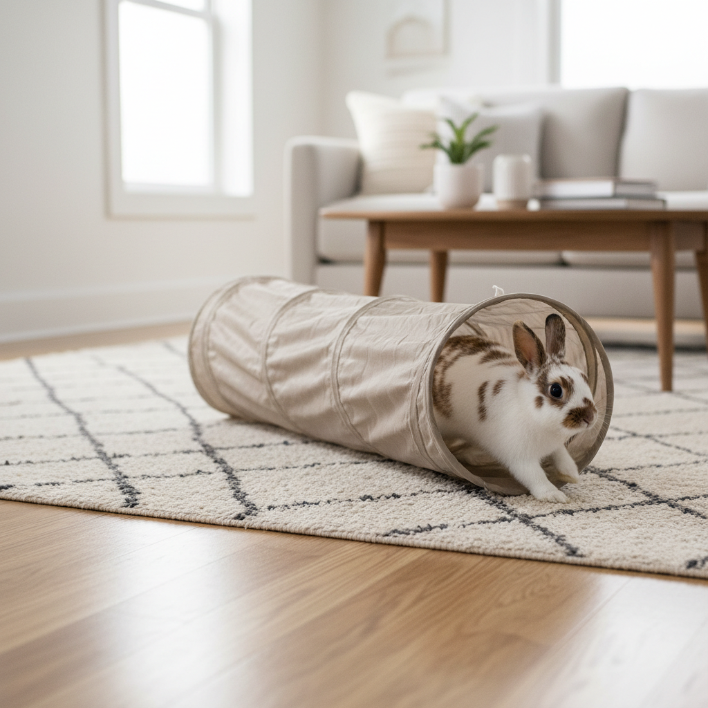 Indoor rabbit using a play tunnel for exercise and enrichment in a living room
