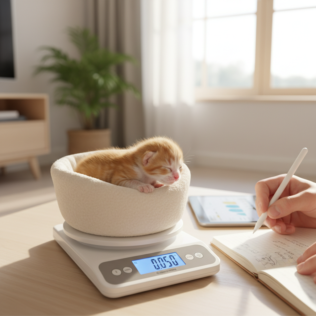 Daily weighing newborn kitten on a digital gram scale for monitoring growth