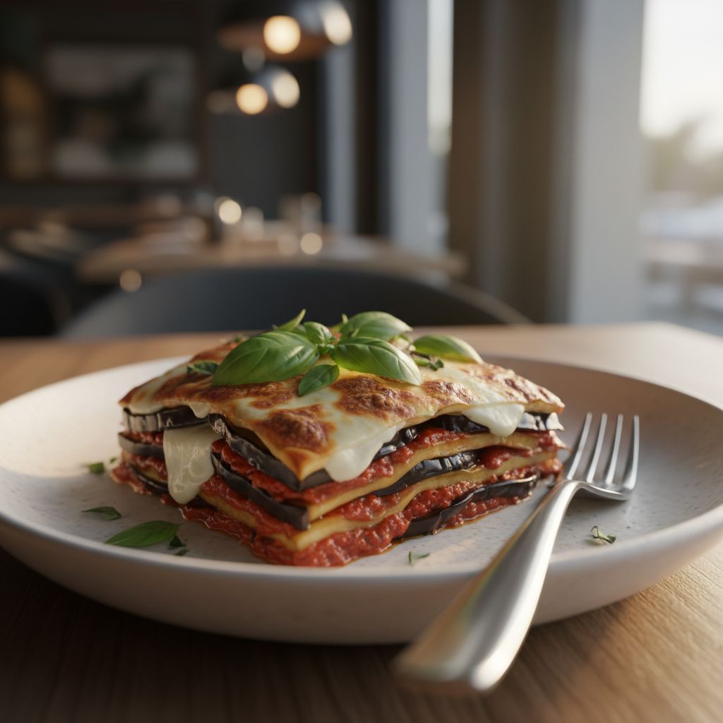 Slice of baked eggplant parmesan served on a plate with basil