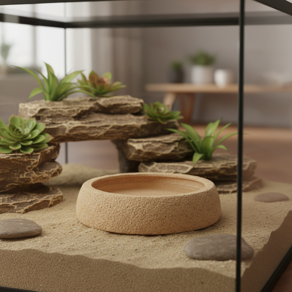 Shallow anti-spill reptile water bowl in a terrarium setup