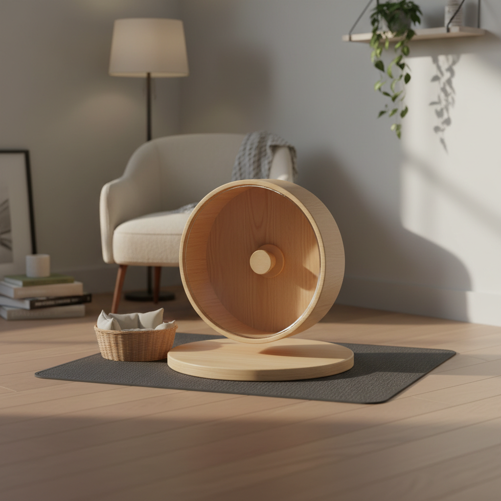Quiet hedgehog exercise wheel setup in a bedroom on a stable stand