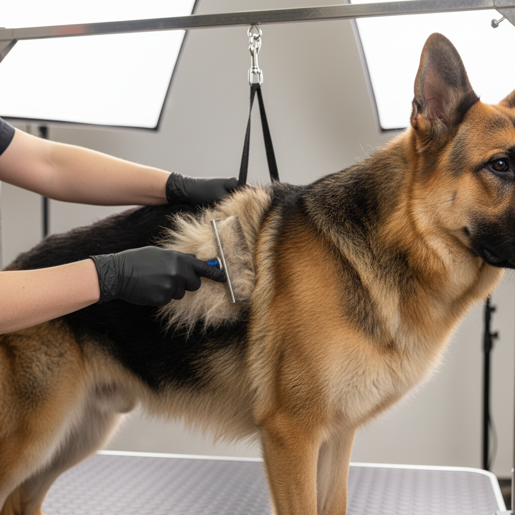Line brushing technique on a double-coated dog to remove undercoat safely