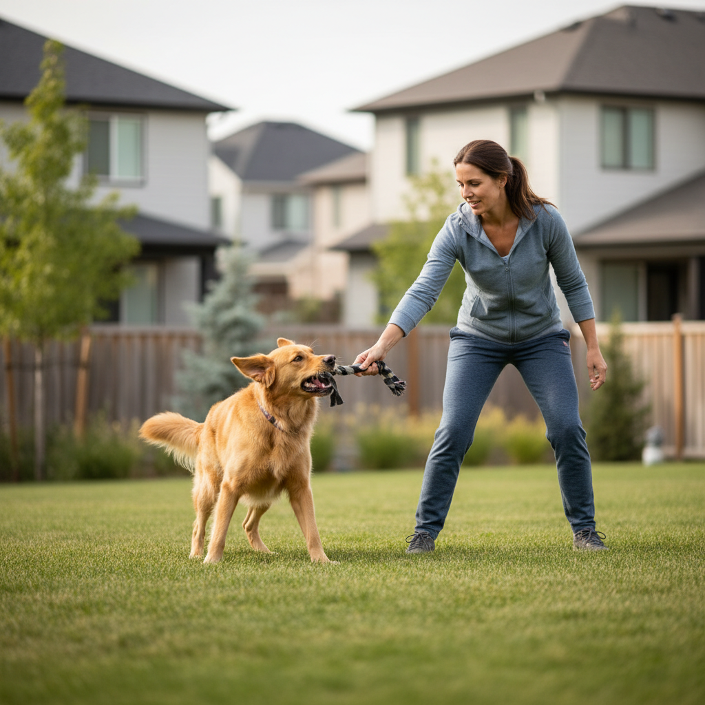 Dog playing tug with handler in a backyard training session