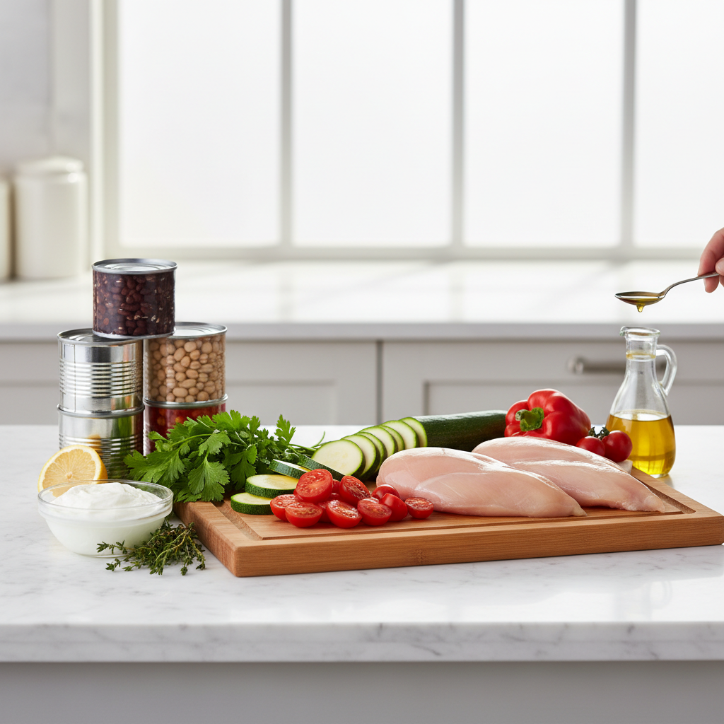 Healthy low fat dinner ingredients on a kitchen counter