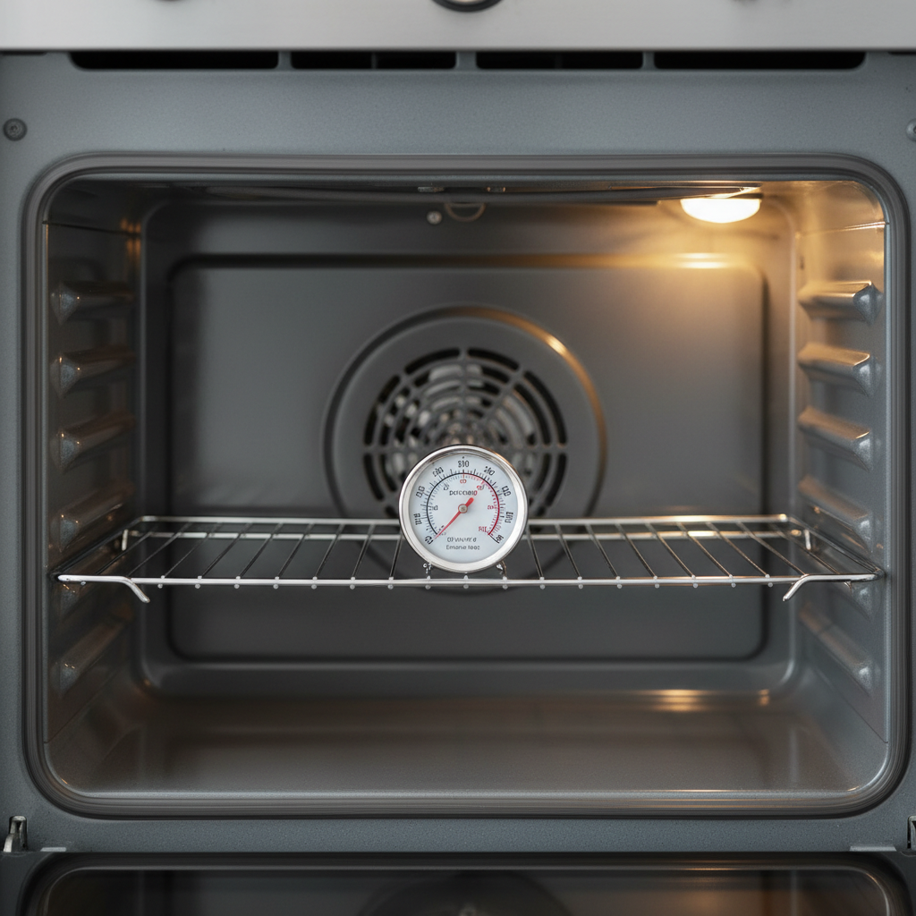 Oven thermometer on center rack for accurate baking temperature